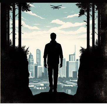 silhouetted man walking into forest from a city in the background