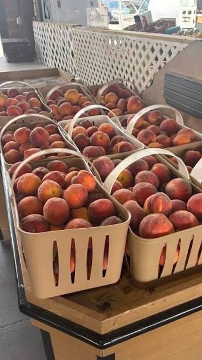 Baskets full of fresh peaches on a wooden table.