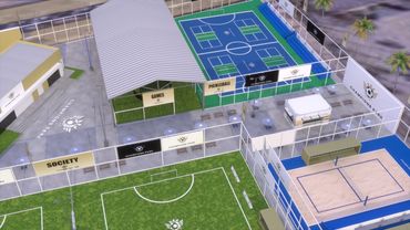 A view of an indoor soccer field from above.
