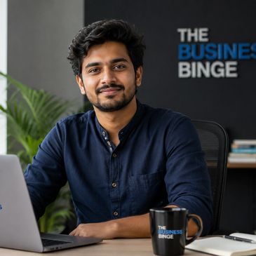 Man smiling at camera in office setting with branded items.