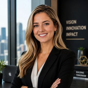 Confident woman in business attire smiling in office.