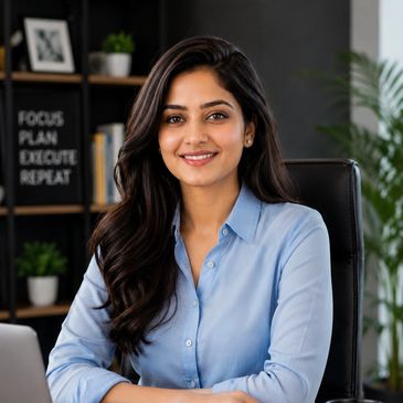 Smiling woman in a blue shirt sitting at a desk.
