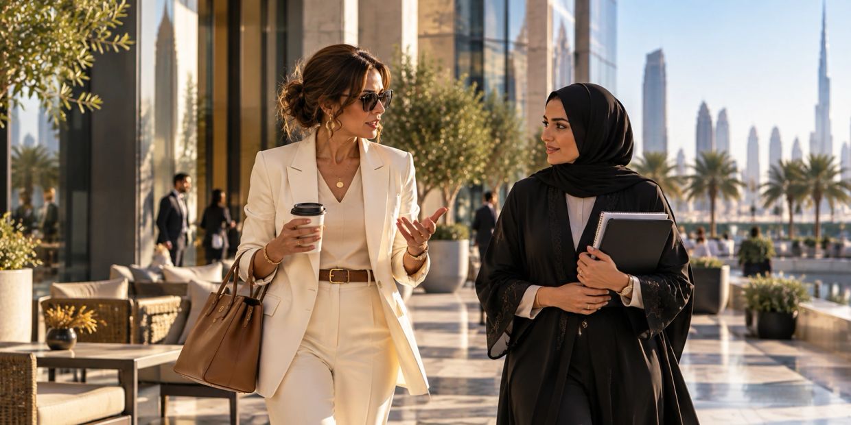 Two professional women walking and talking outdoors in a city.