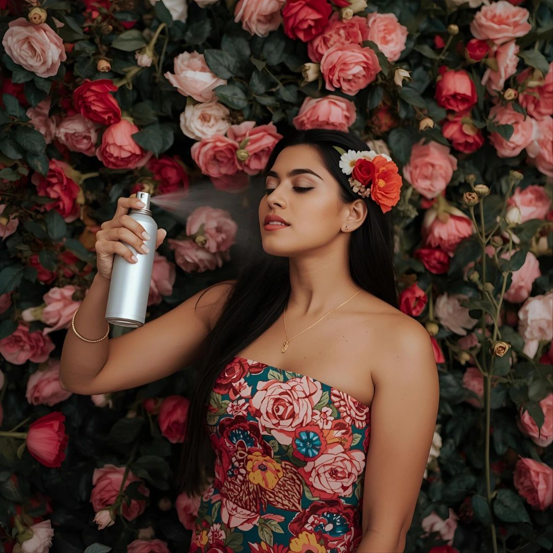 girl spraying rosewater