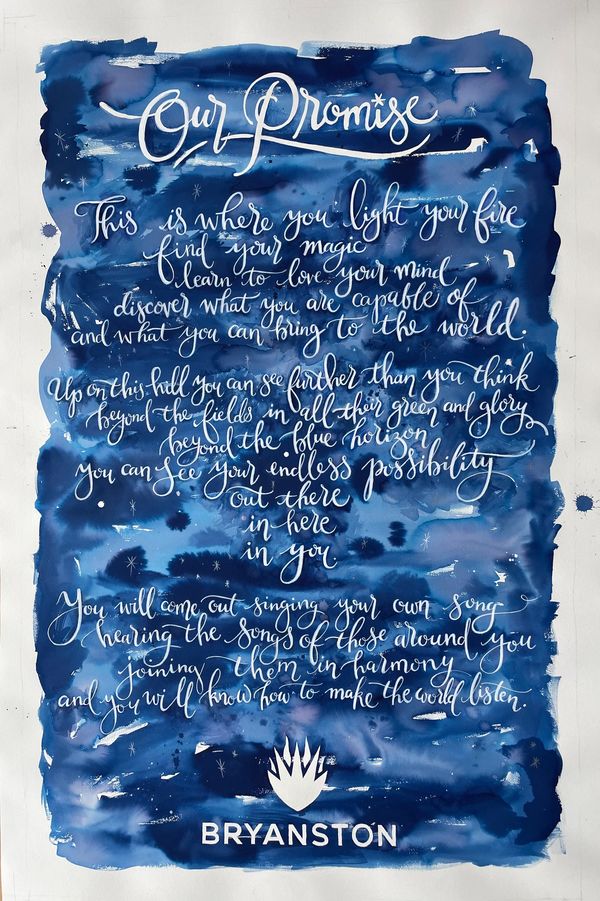 Poem Bryanston Scool Dorset. Brush calligraphy lettering using masking fluid, blue ink Kate Downey