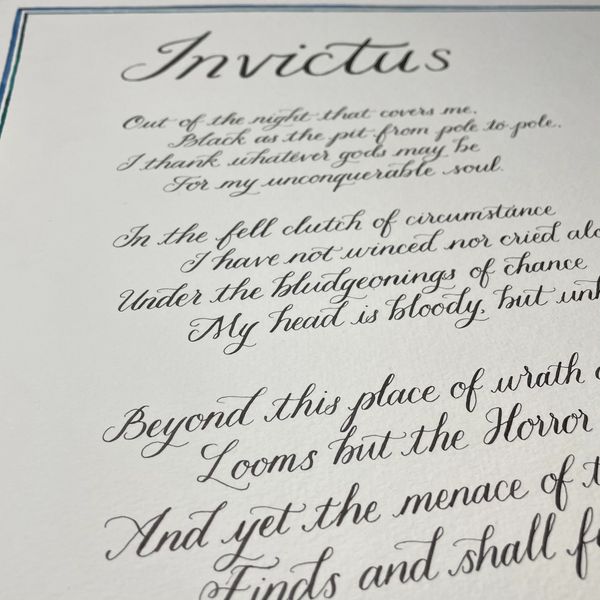 Kate Downey copperplate Calligraphy hand lettering modern bespoke commission poem Invictus samurai