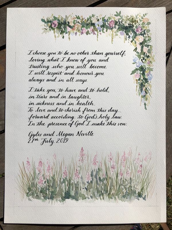Wedding poem written in Calligraphy with watercolour illustrations by Kate Downey by Kate Downey Art