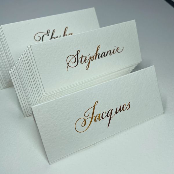 hand written in copperplate calligraphy name place cards calligrapher Kate Downey Art katedowneyart