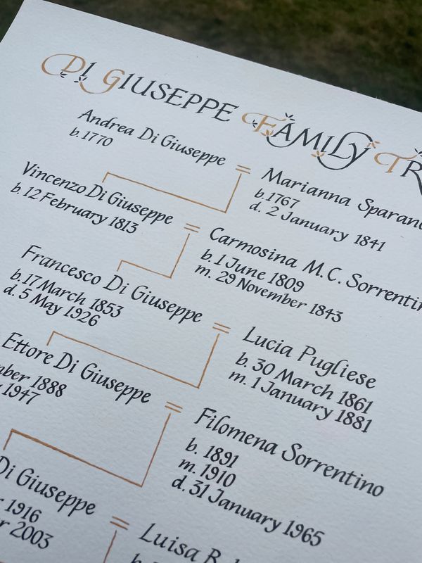 Family tree calligraphy
original hand written calligraphy by calligrapher Kate Downey Art katedowney