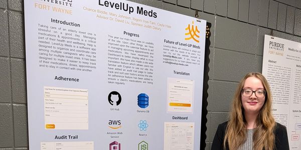 Student presents LevelUp Meds research poster at Purdue Fort Wayne.