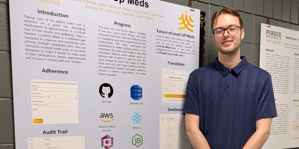 Man posing by a research poster on Level-Up Meds.