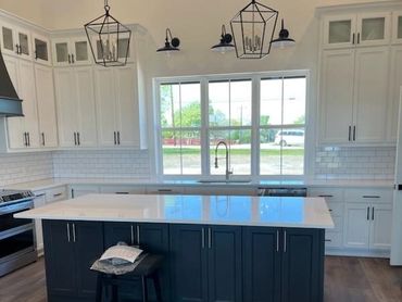 kitchen island and stone countertops