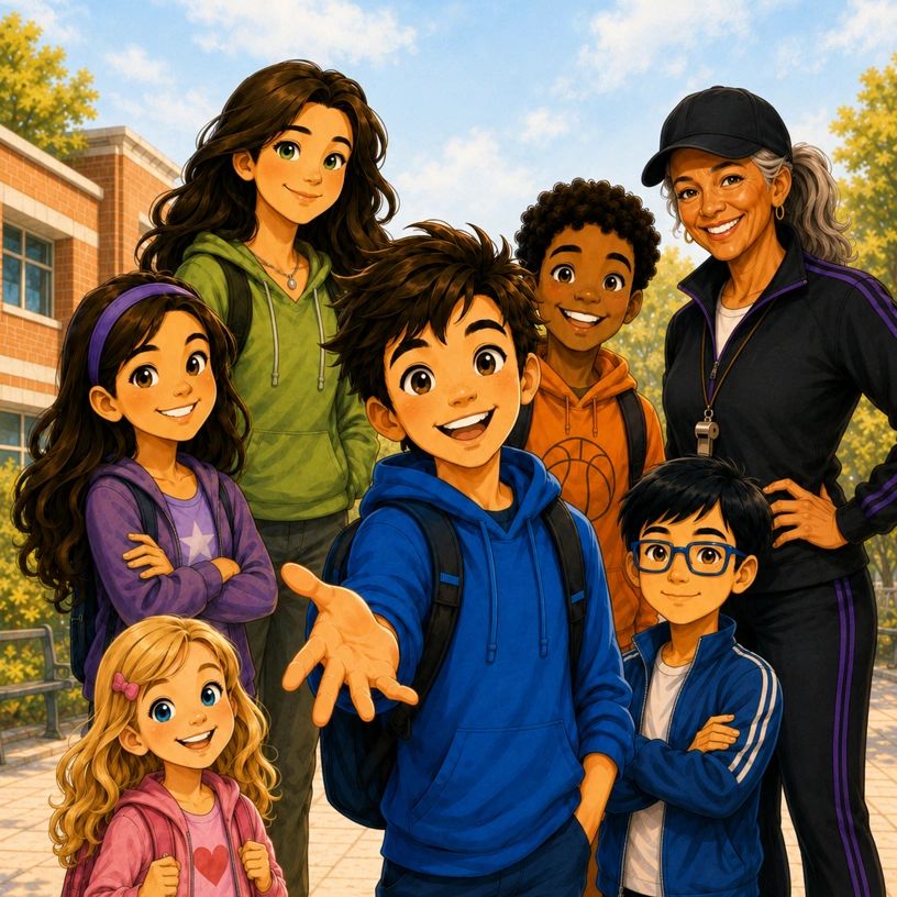 Happy animated kids and a coach posing outdoors.