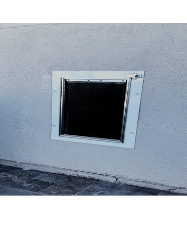 Through wall pet door exterior view.