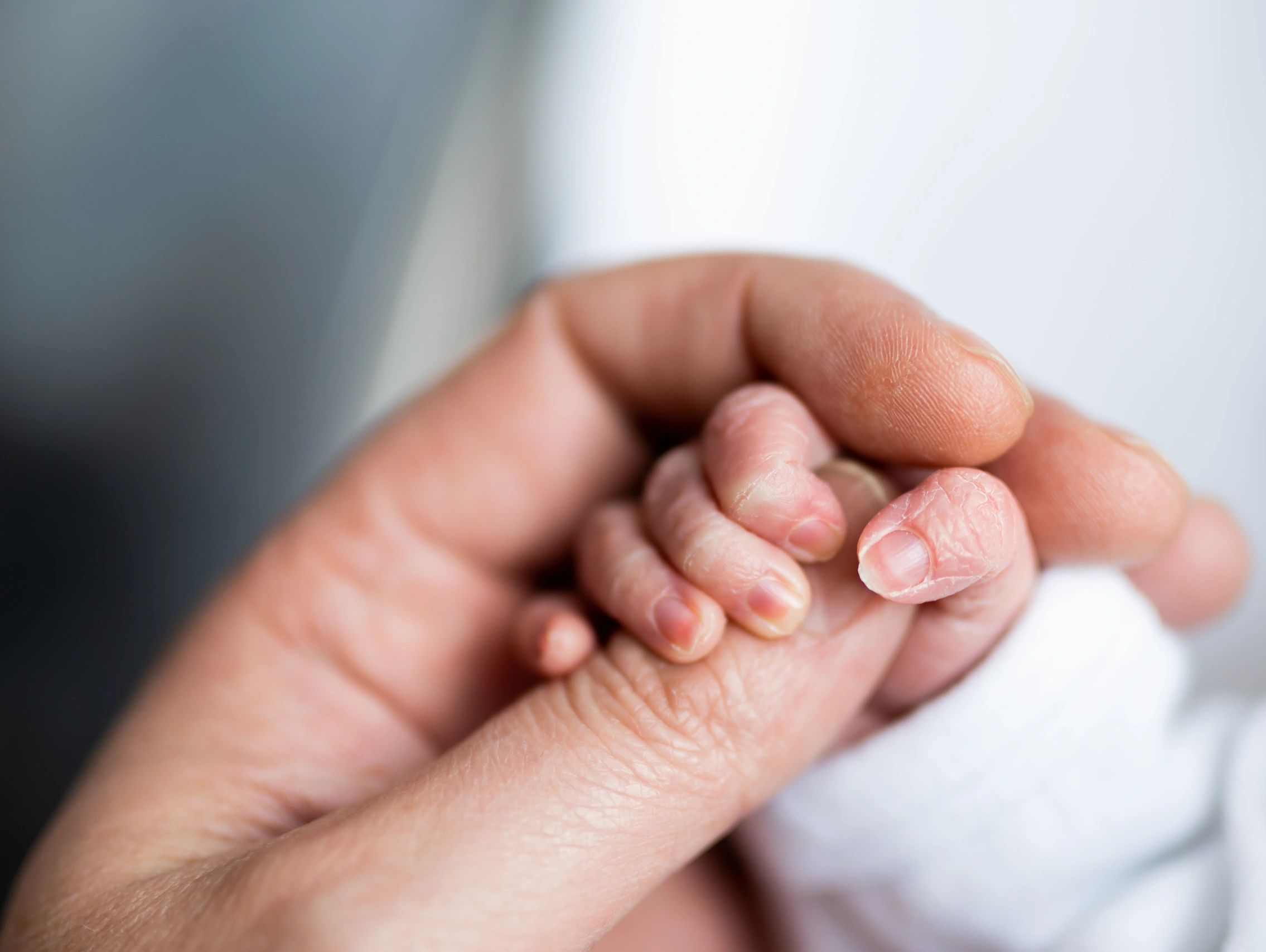 Mother holding newborn hand