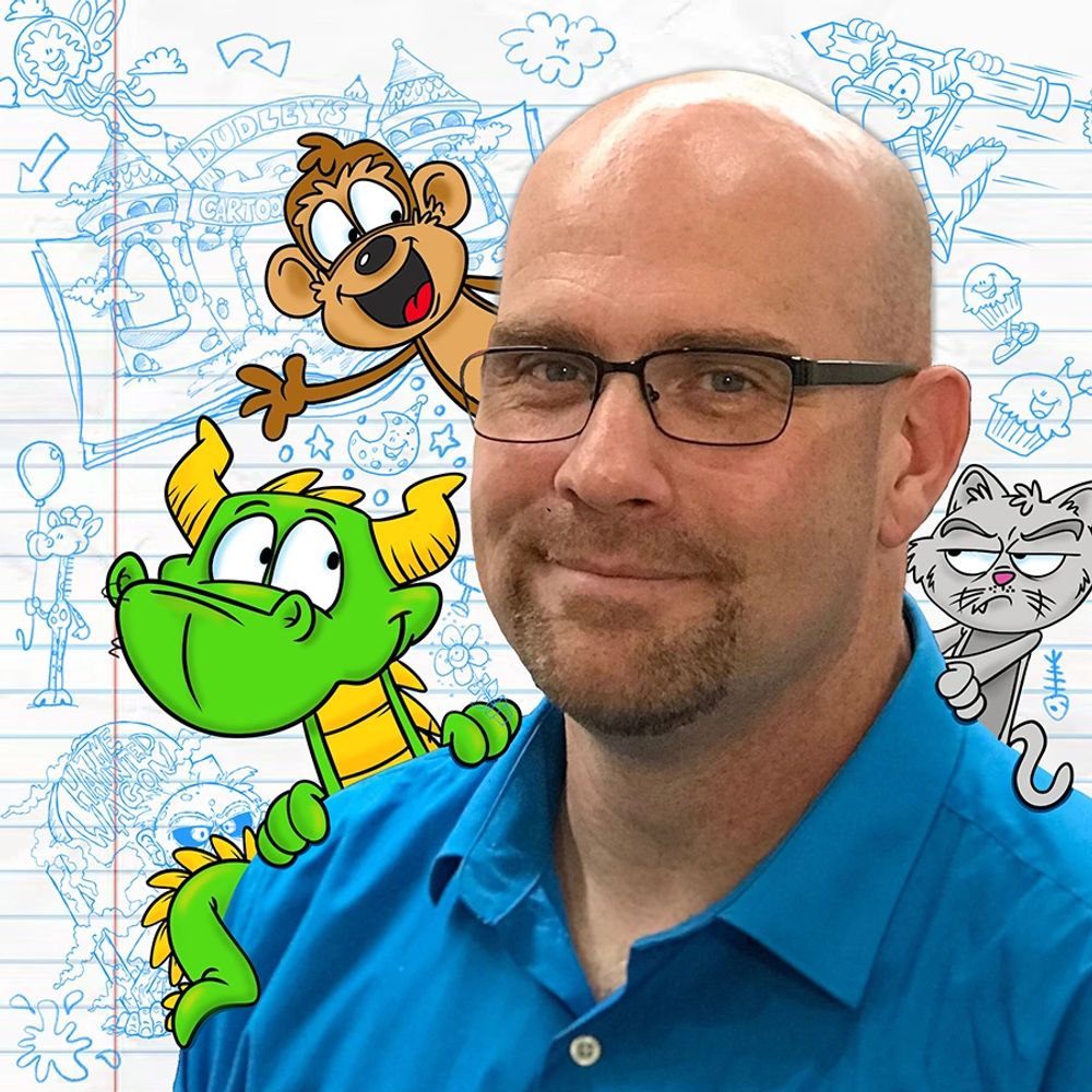 Man with cartoon characters in the background.