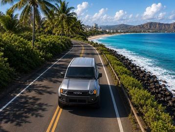 Toyota SUV driving on scenic coastal road.