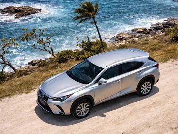 Silver car parked near the ocean on a dirt road.