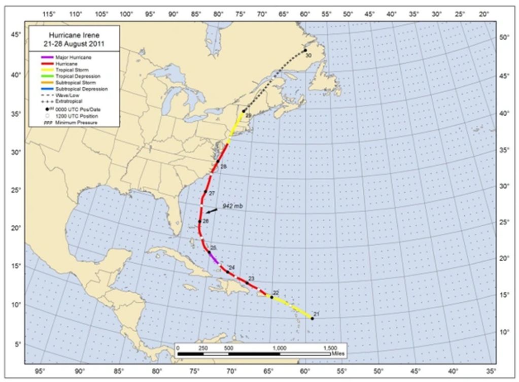 map showing the path of Hurricane Irene up the eastern coast of the United States