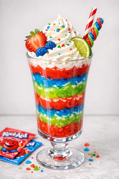Colorful layered dessert with whipped cream