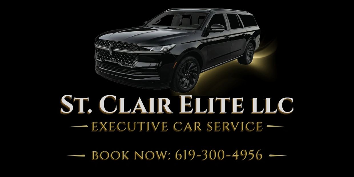 Black luxury SUV with St. Clair Elite LLC executive car service branding.