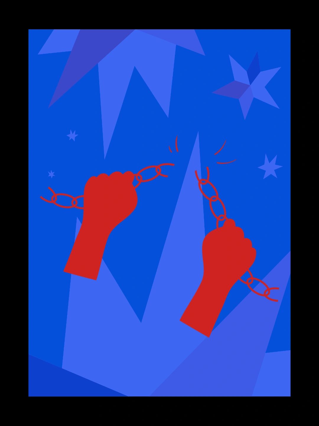 Red hands breaking a red chain on a blue background.
