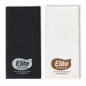 Two folded Elite Professional napkins, one black and one white, side by side.