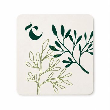 Minimalist botanical illustration with green leaves on a beige background.