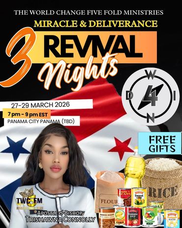 Flyer for a 3-night revival event with free gifts in Panama City, March 2026.