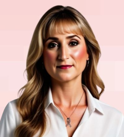 Professional woman with long hair and a white shirt against a pink background.