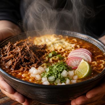 Birria Ramen 🍜🔥 Loaded with birria meat, mozzarella, rich broth, cilantro, onions, radish, lime, a