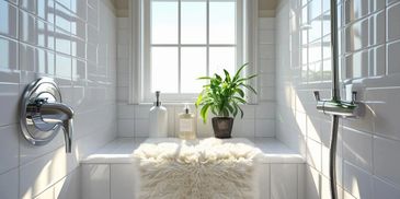 Bathroom shower, chrome faucets,soap, fur rug and greenery, window letting light in