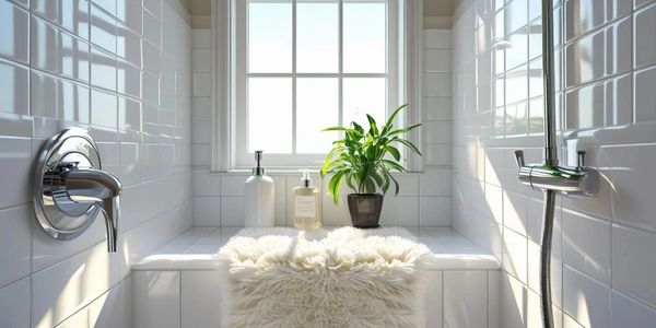 Bathroom shower, chrome faucets,soap, fur rug and greenery, window letting light in