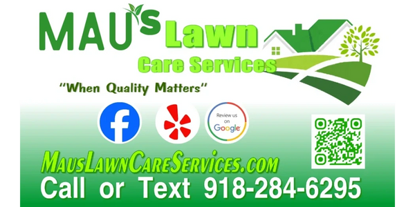 Advertisement for Maus Lawn Care Services with contact details and social media icons.