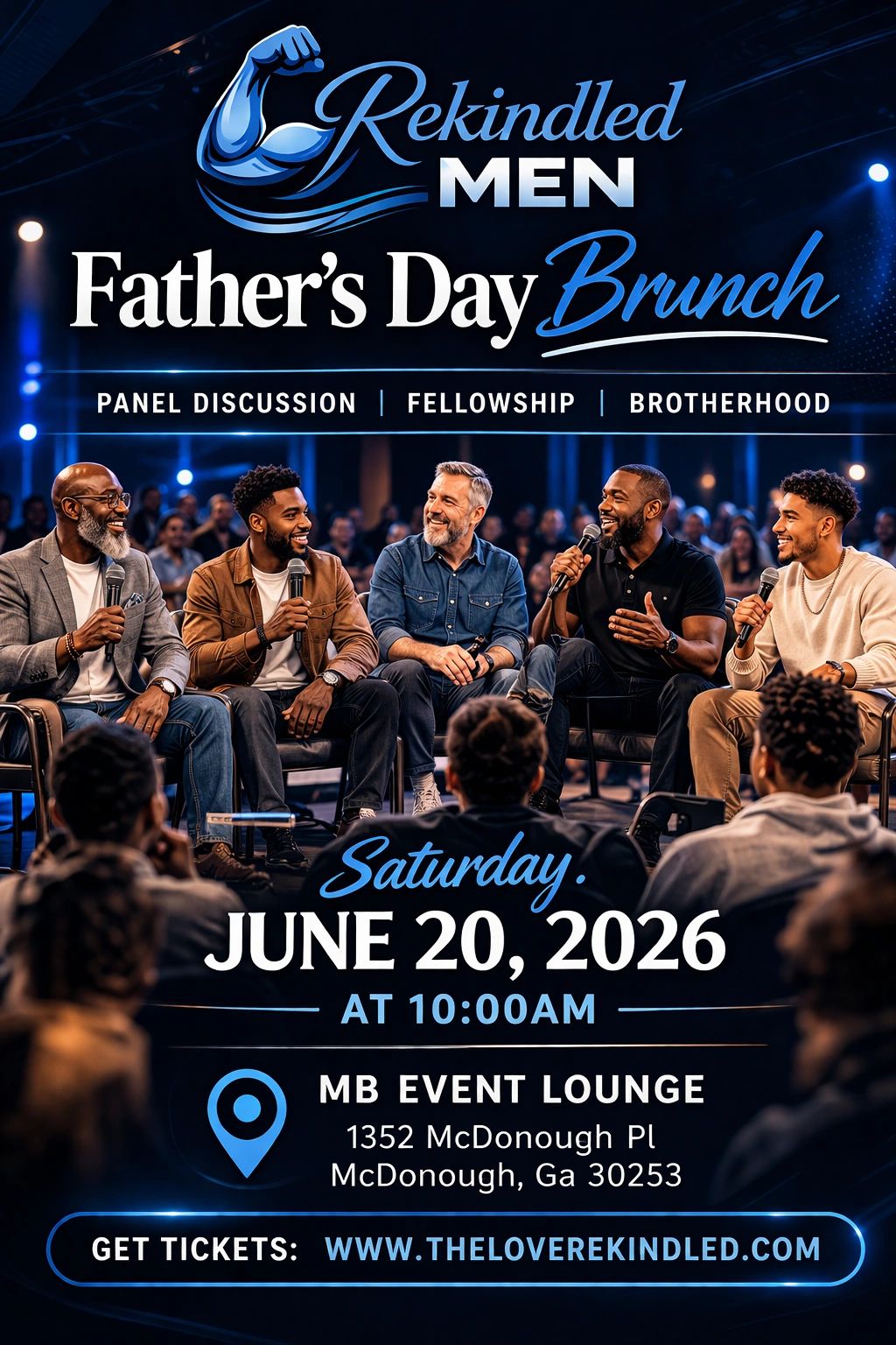 Men's panel discussion and brunch for Father's Day on June 20, 2026, at MB Event Lounge.