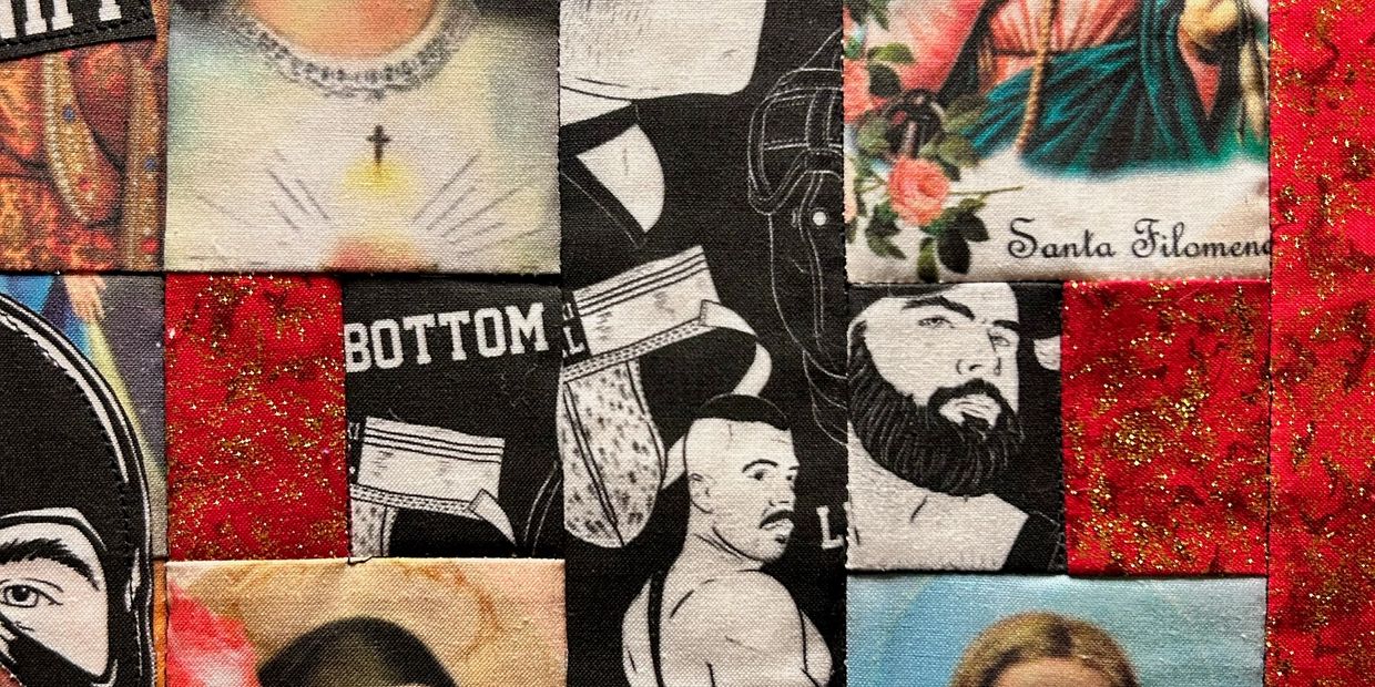 Patchwork fabric with various portraits and red glitter squares.