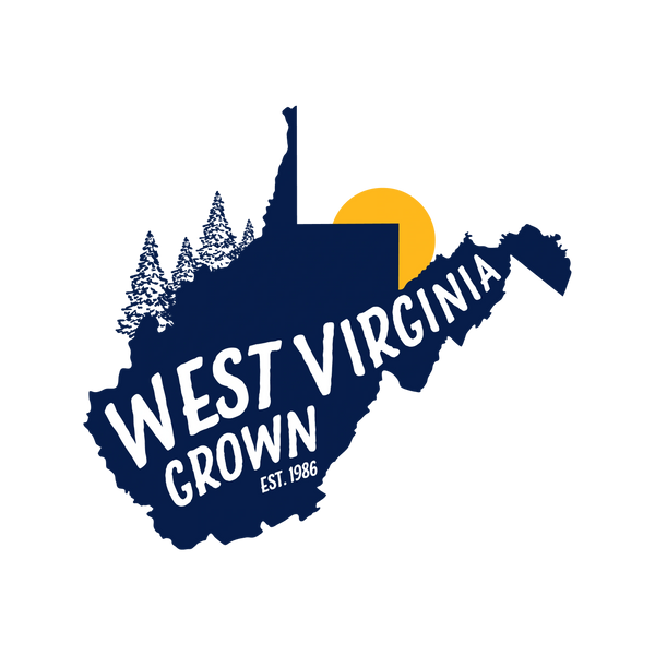 Illustration of West Virginia with trees and a sun, labeled "West Virginia Grown Est. 1986."