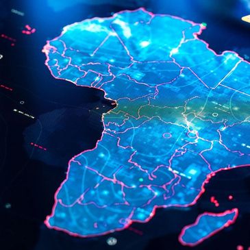 Digital map of Africa with glowing borders and data points in blue and pink hues.