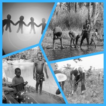Collage of children bonding, fishing, and working in nature.