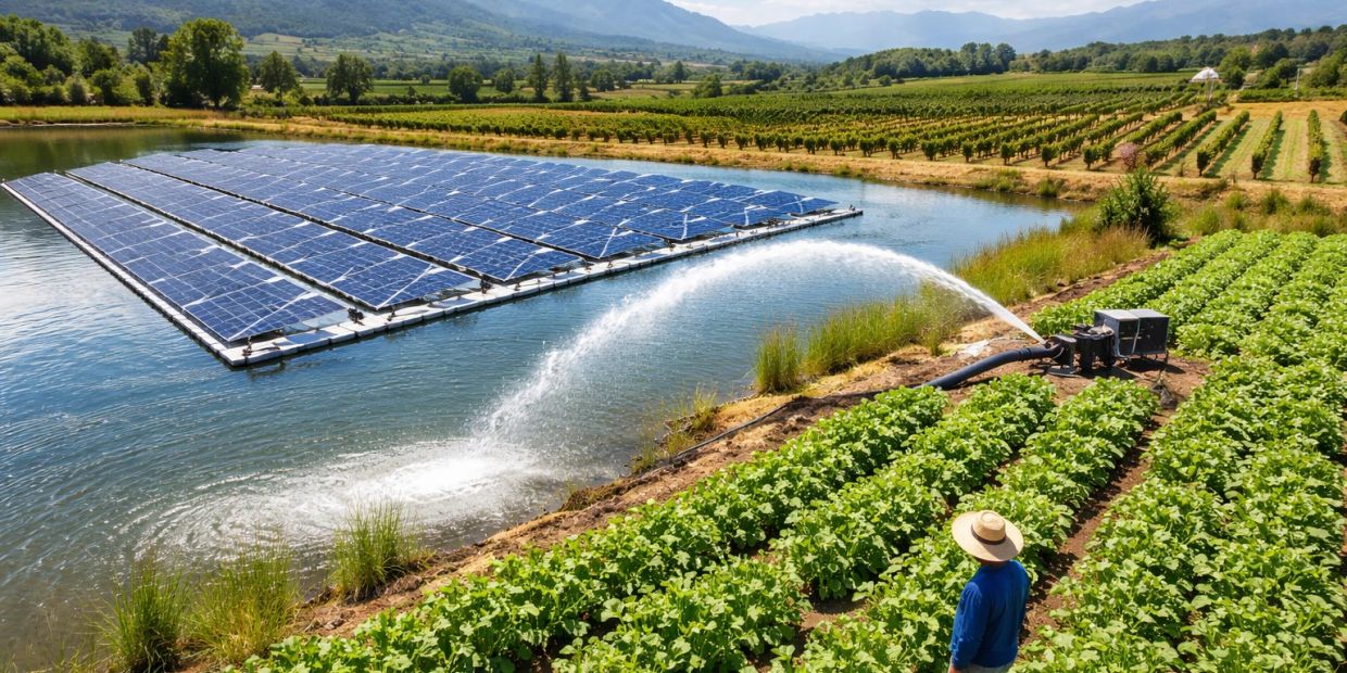 Solar panels float on water, powering irrigation in a green agricultural field.