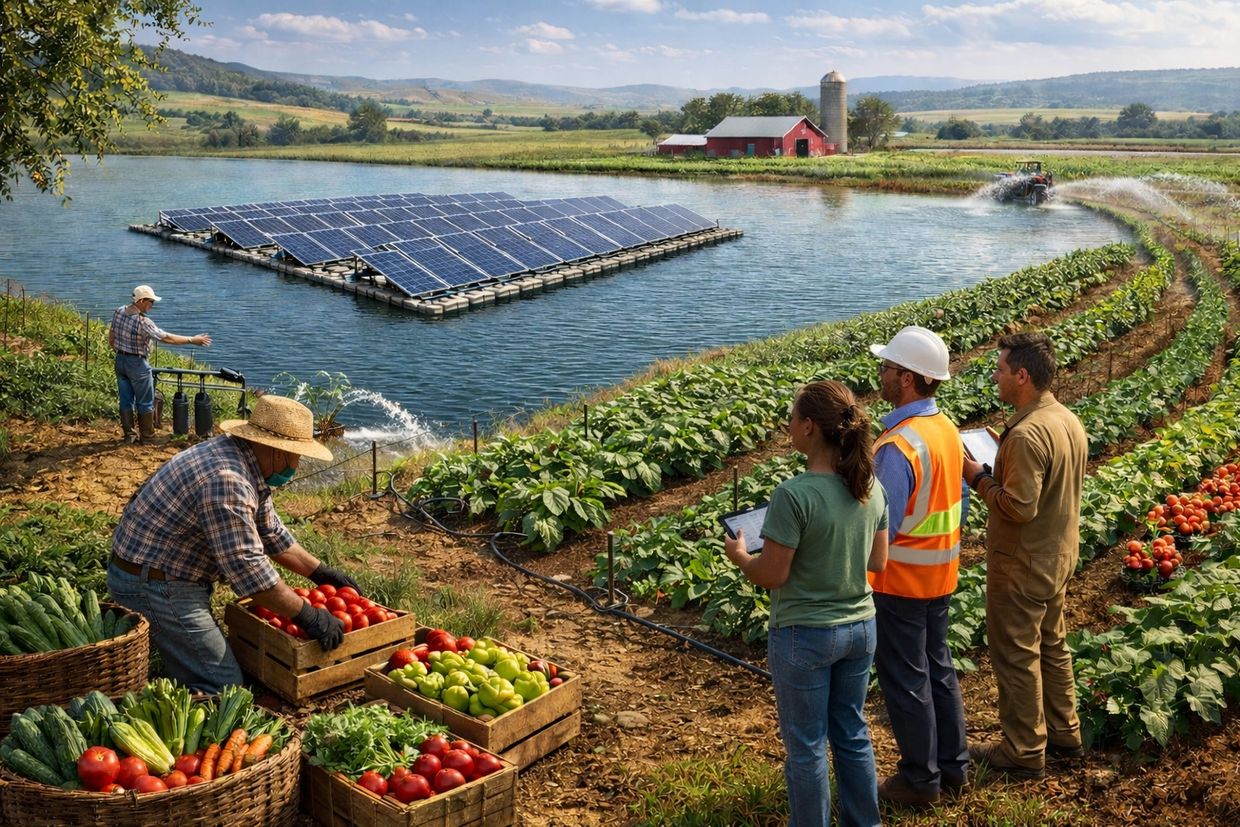 Farmers harvesting vegetables with solar panels on water in a rural setting.