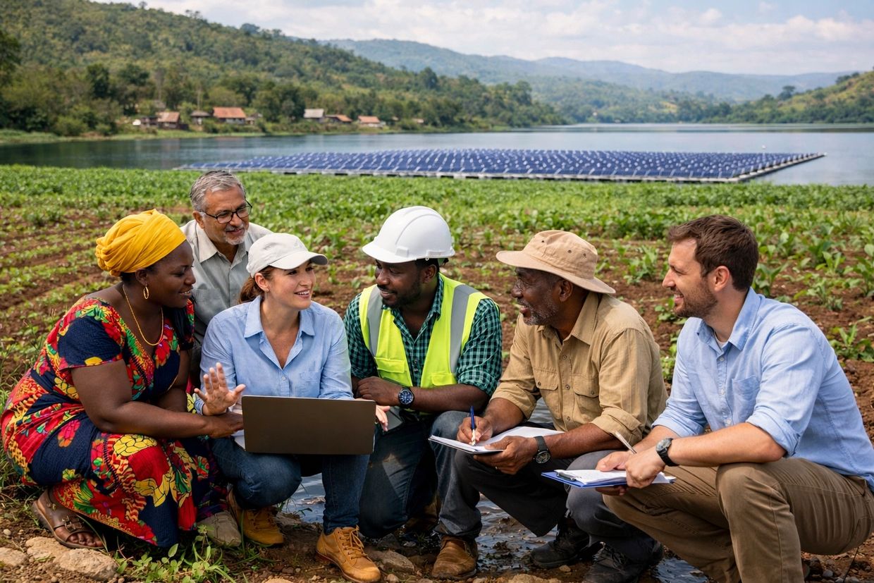 Diverse group discussing farming with solar panels in background.