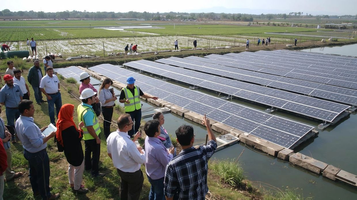 Group inspects floating solar panels on water near agricultural fields.