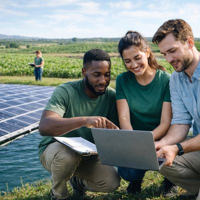 Three people reviewing data on a laptop near solar panels outdoors.