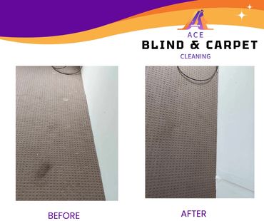 Before and after of paint and dirt stains on carpet removed with our cleaning service.
