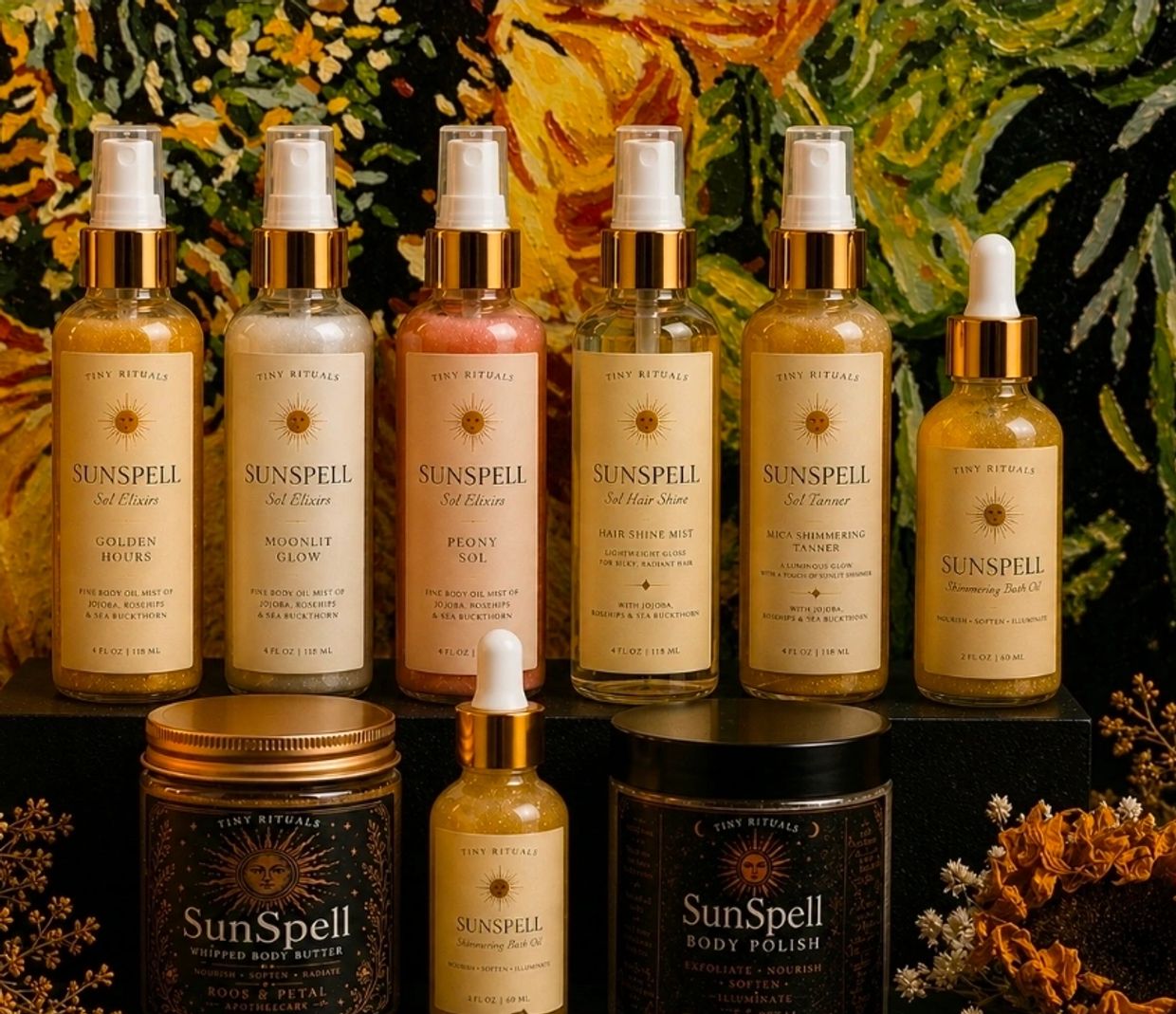 A collection of Tiny Rituals SunSpell skincare products with golden and earthy tones.