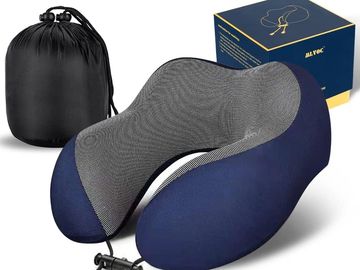 Blue and gray inflatable travel neck pillow with carrying pouch and box.