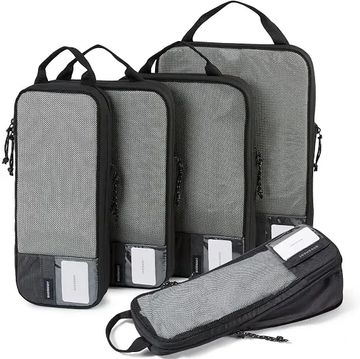 Set of five gray and black zippered organizer bags with handles.