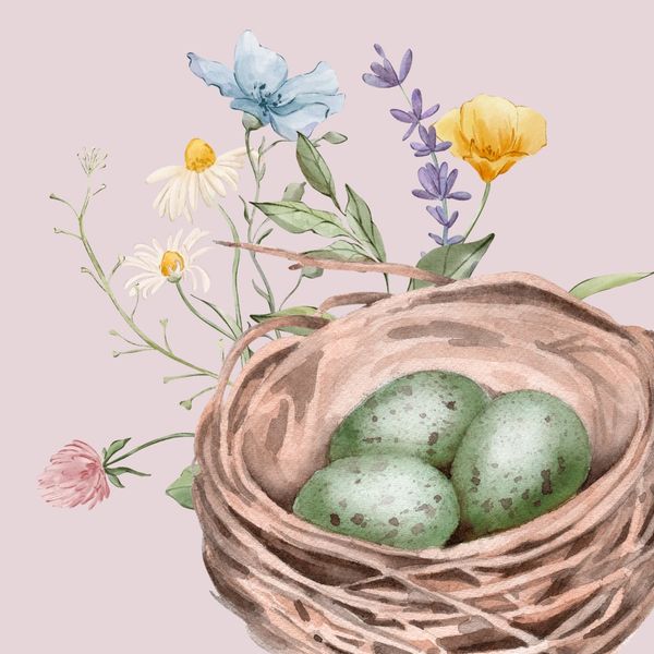 Watercolor painting of a bird's nest with three speckled eggs and wildflowers.