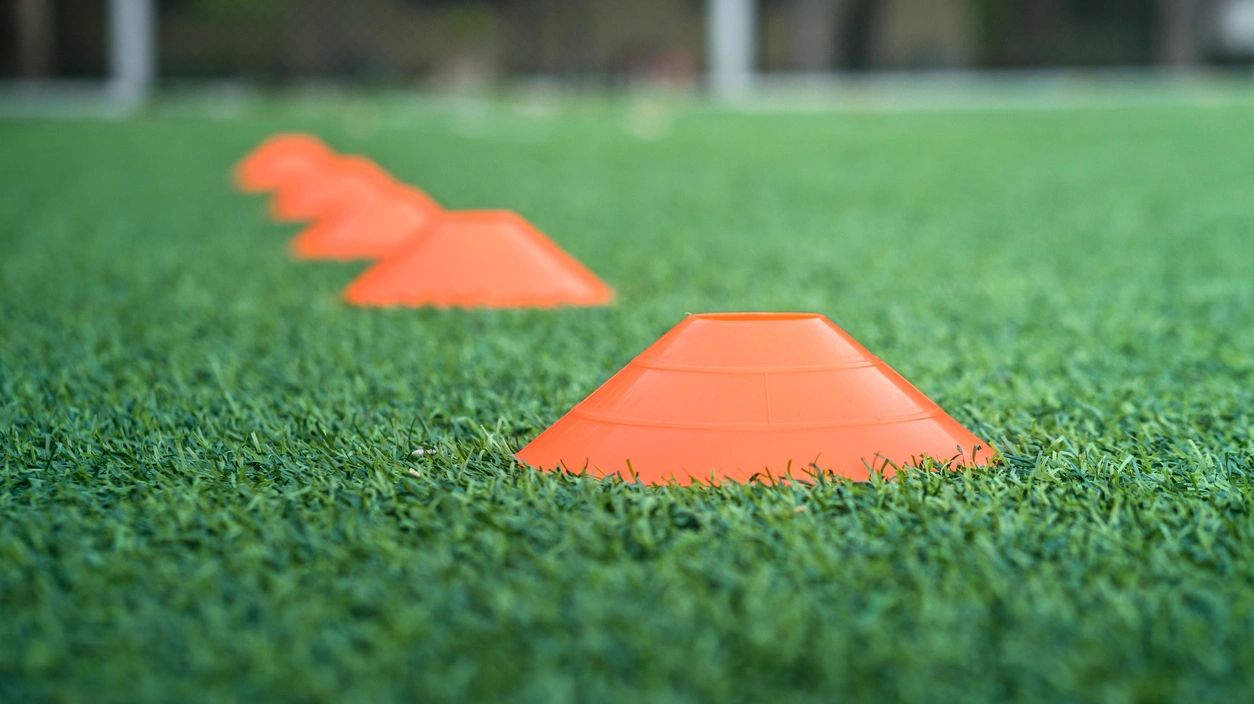 Cones on a Deer Park Soccer Football Club training location in Deer Park, Texas.